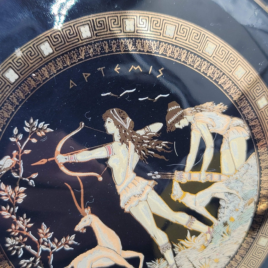 Fintias Greek Ceramic Lidded Trinket Jewelry Box Artemis Black 24K Gold Handmade