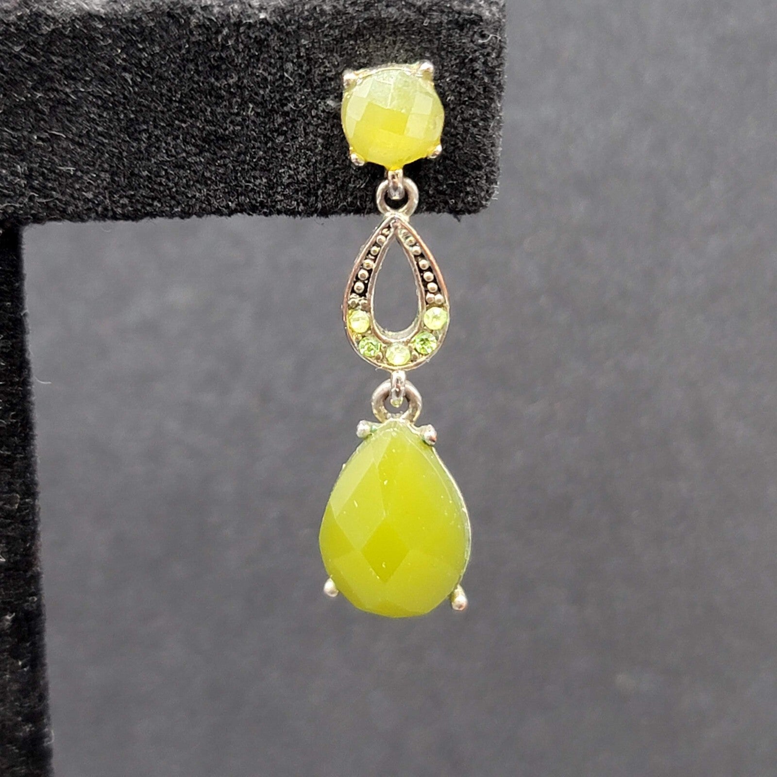 LC Pierced Earrings Silver tone Green Accents Rhinestone Dangle 1 3/8"