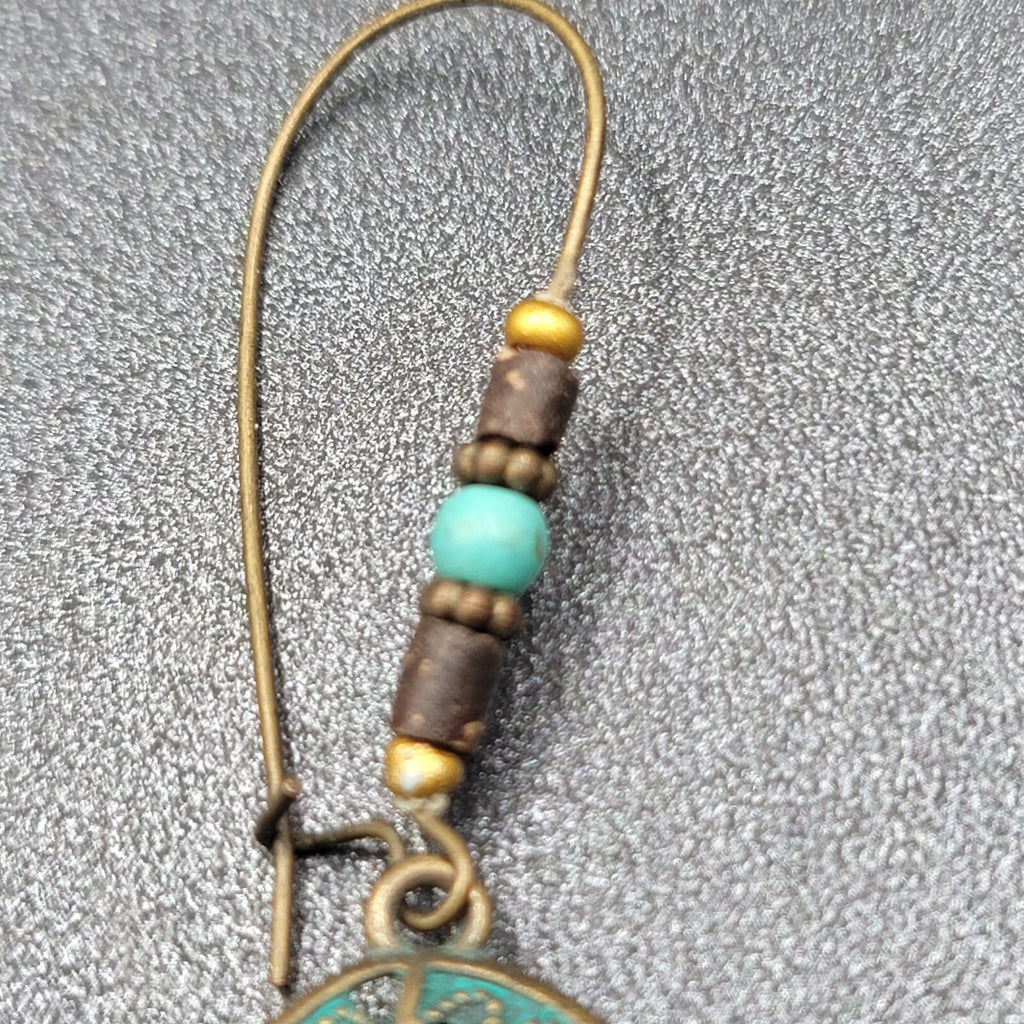 Boho Pierced Earrings Bronze tone Faux Patina Leaf Beaded 2.75"