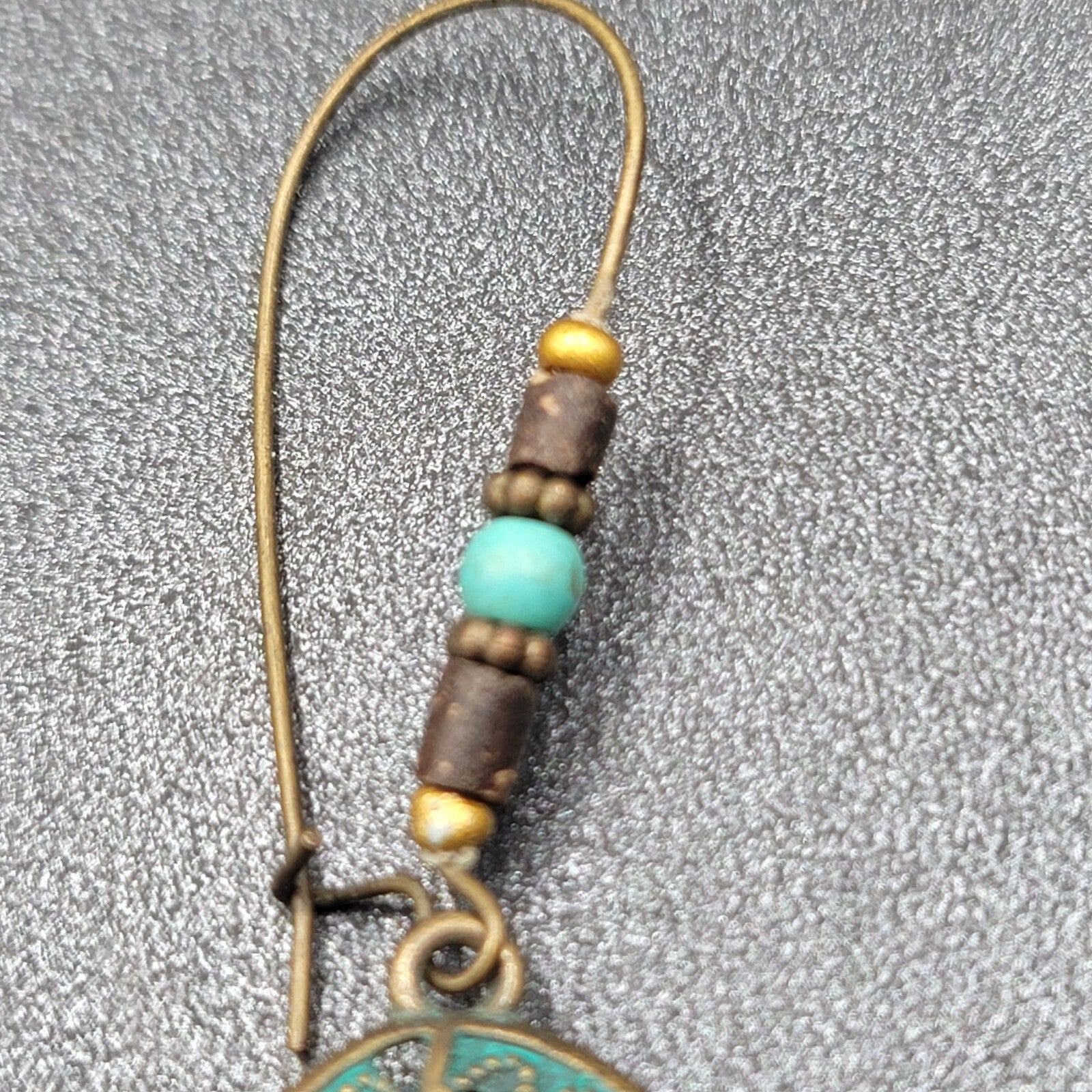 Boho Pierced Earrings Bronze tone Faux Patina Leaf Beaded 2.75"