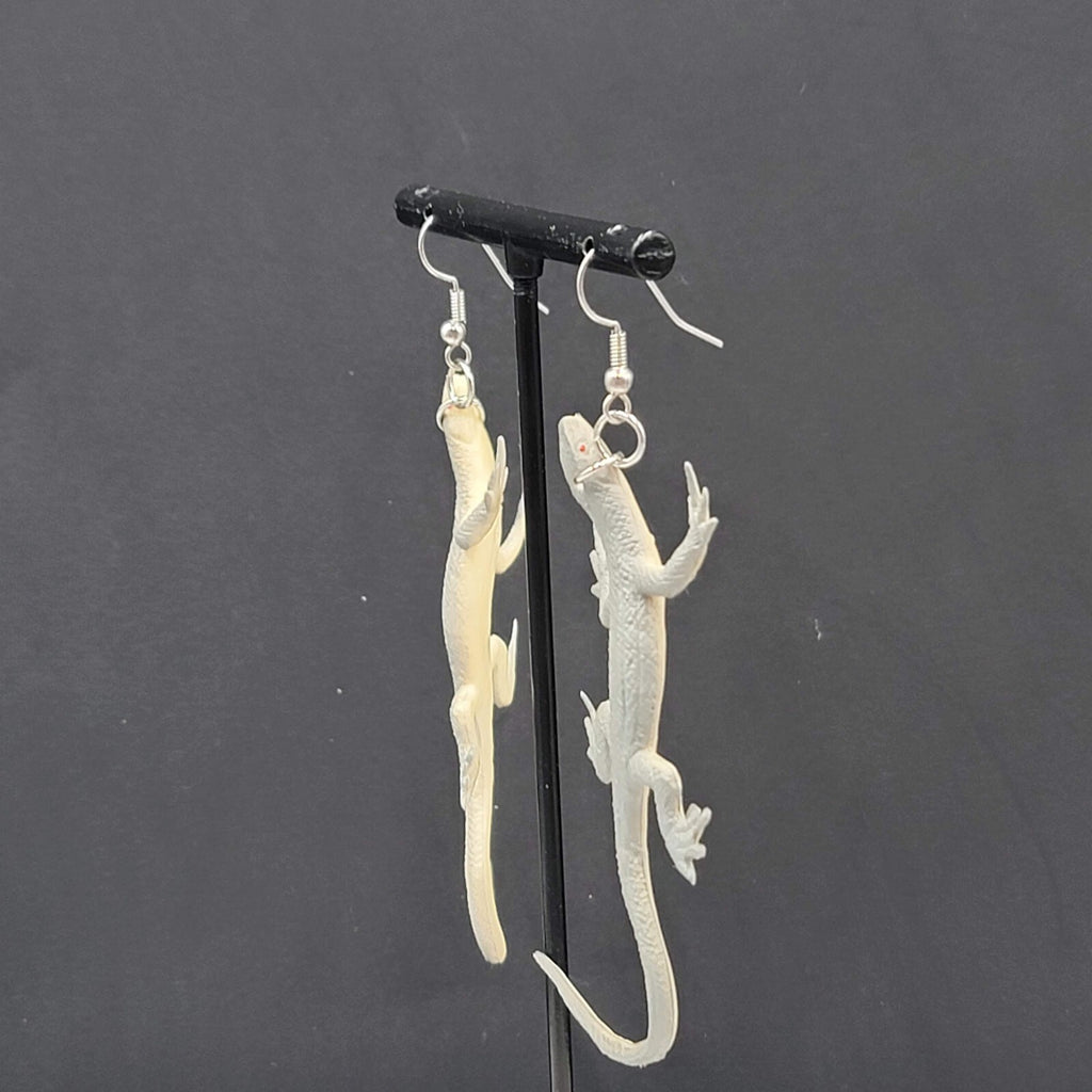 Gray Lizard Pierced Earrings Vinyl Dangle 2.75"