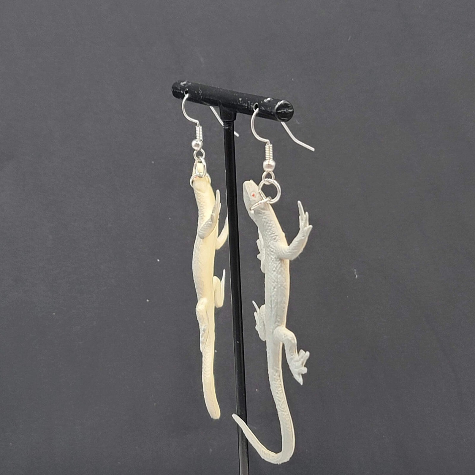 Gray Lizard Pierced Earrings Vinyl Dangle 2.75"
