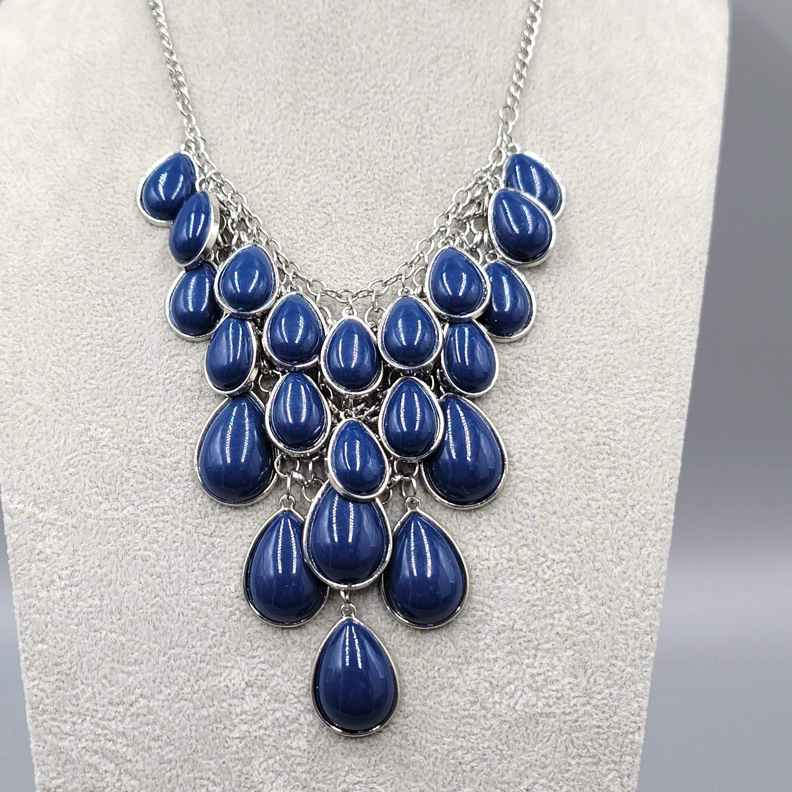 Blue Teardrop Waterfall Necklace Silver tone 16"-18"