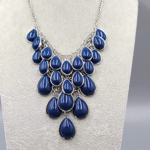 Blue Teardrop Waterfall Necklace Silver tone 16"-18"