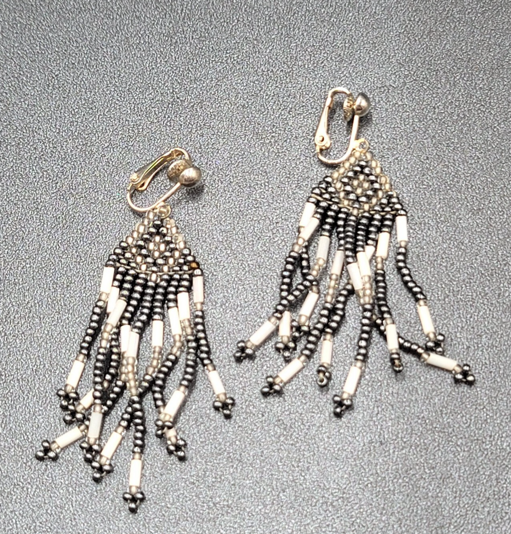 Vintage Clip on Earrings Seed Bead Weaved Dangle 2 3/8"