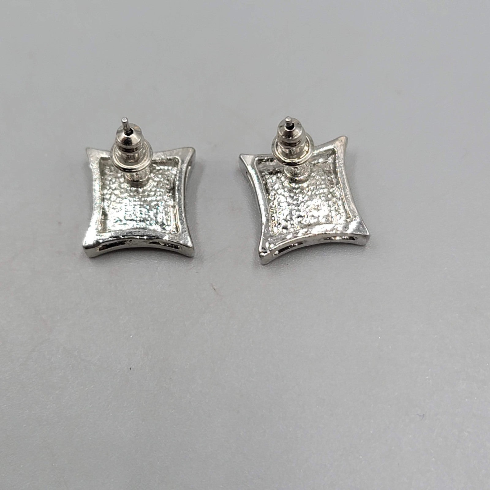Crystal Square Studs Pierced Earrings Silver tone 1/2 in