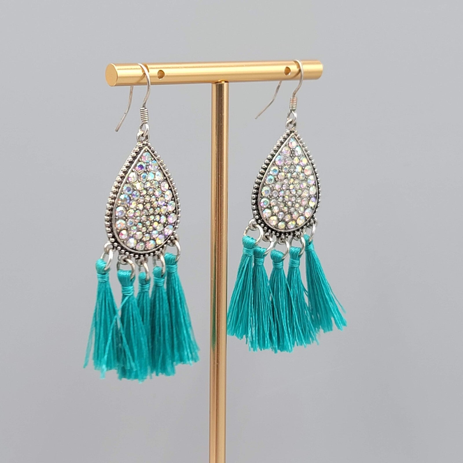 Teal Blue Tassel Rhinestone Pierced Earrings Silver tone Dangle 2.25"