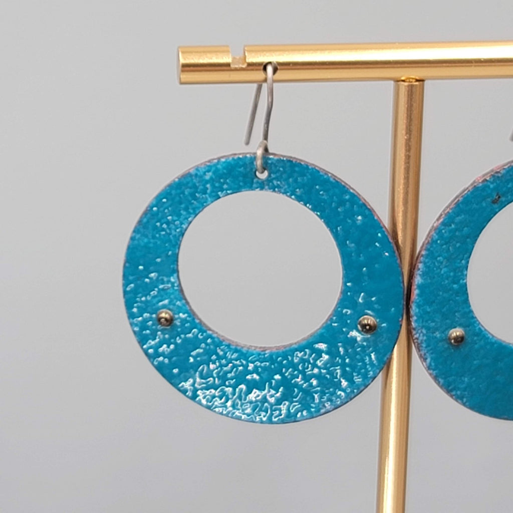 Artisan Vintage Blue Enamel Open Discs Pierced Earrings Round Dangle 1.5"