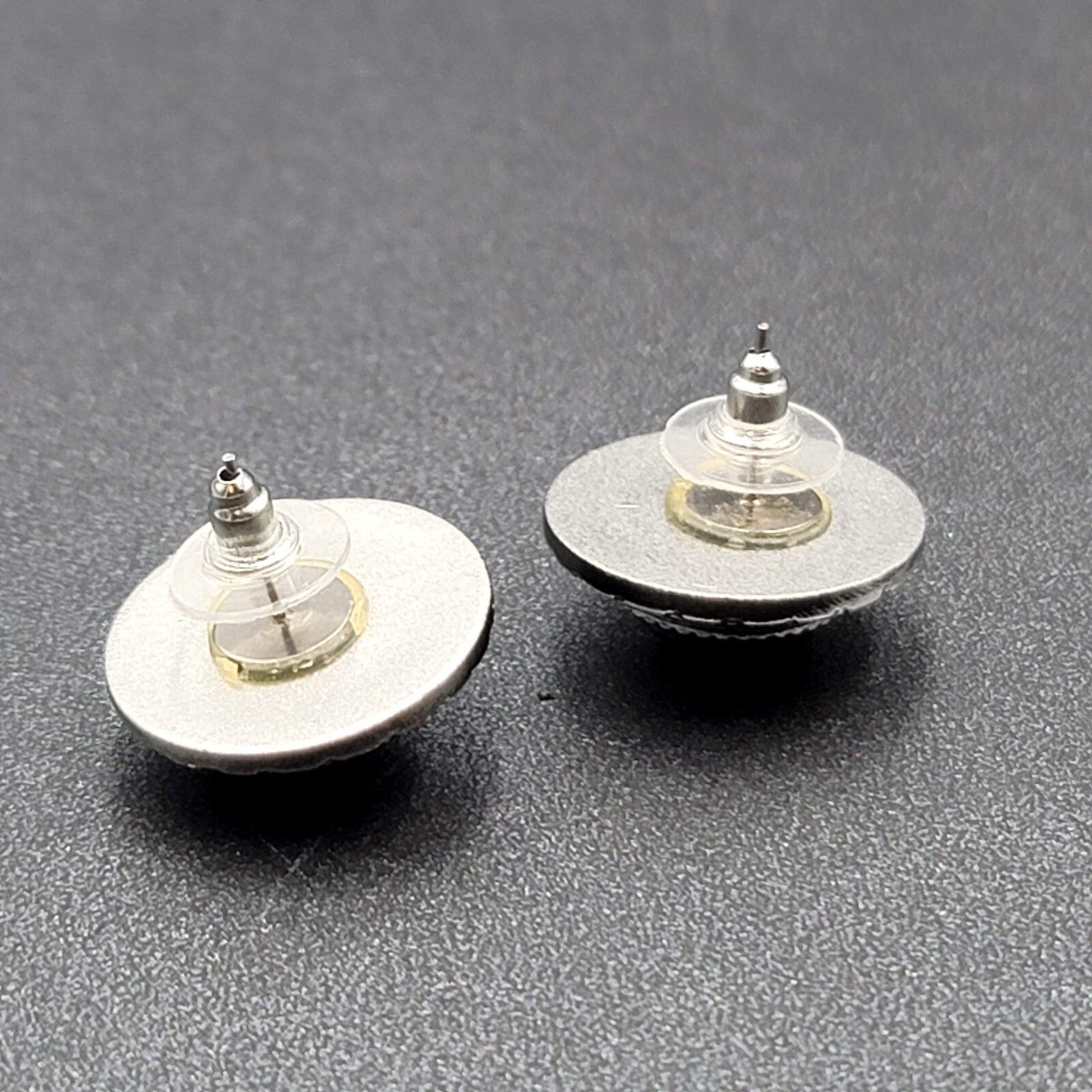 Vintage Pierced Earrings Silver tone Black Acrylic Cabochon Round Studs 1"
