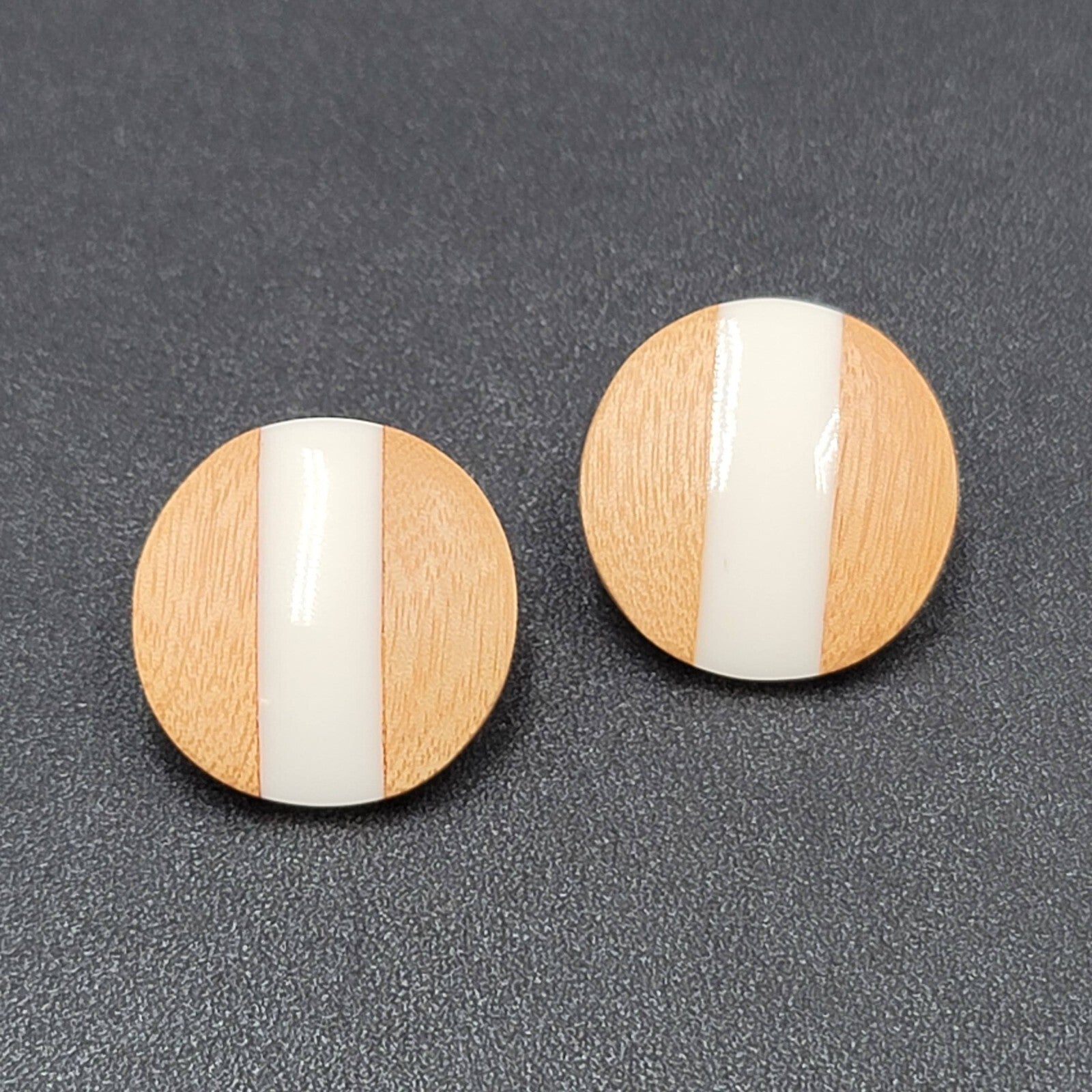 Pierced Earrings Wood White Resin Stripe Round 1 1/8"