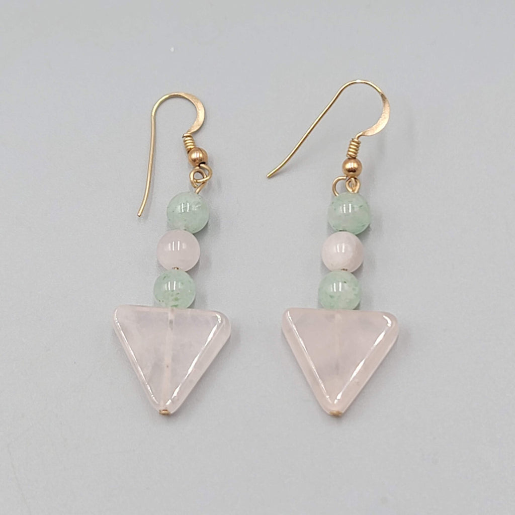 Pink Green Quartz Bead Pierced Earrings Gold tone Dangle 1.5"