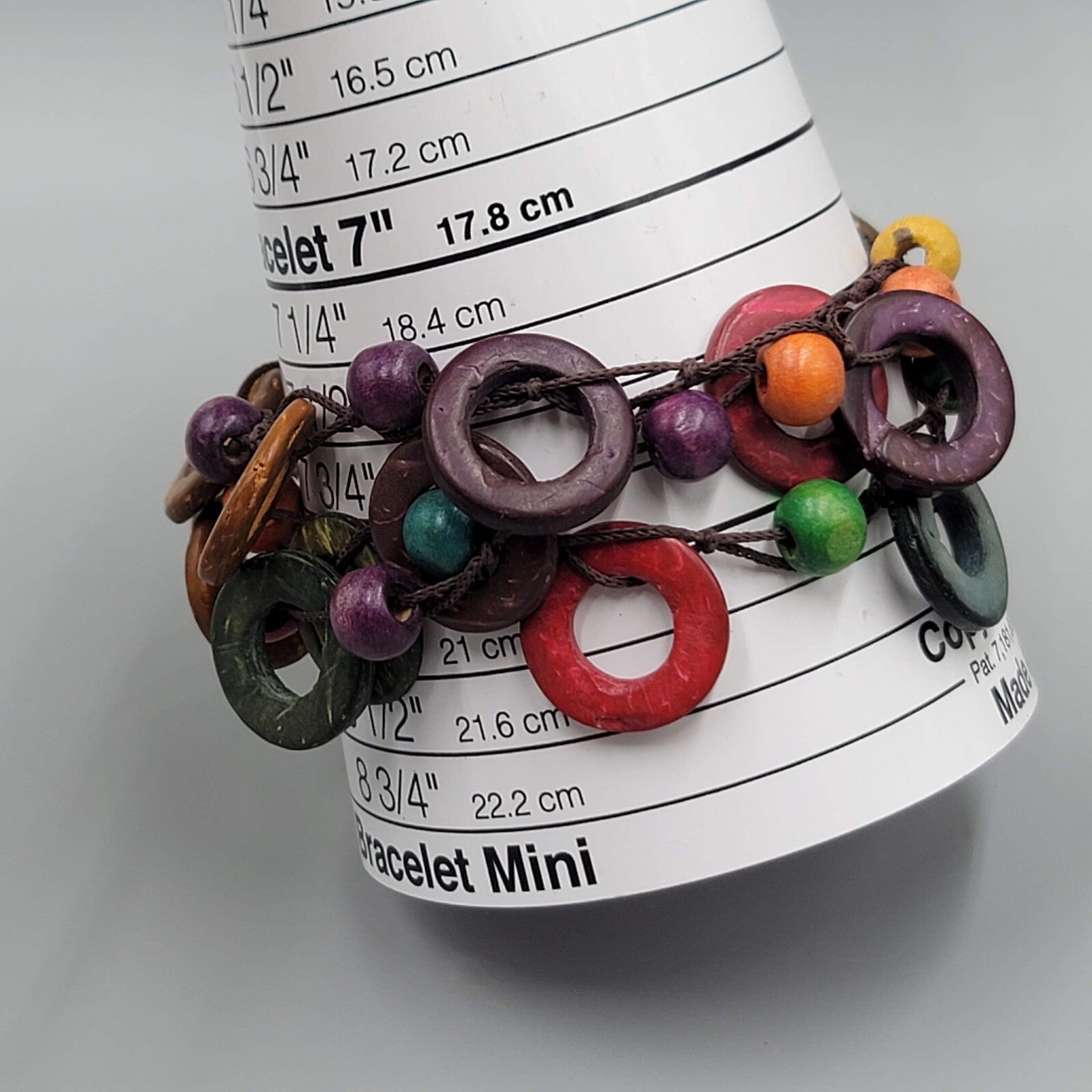 Multicolor Coconut Shell and Wood Bead Bracelet Button Closure 7.5"