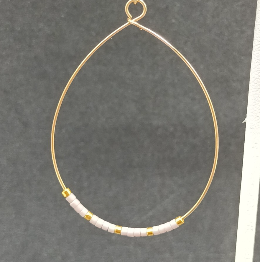 Pierced Earrings Gold tone Teardrop Wire Loop Lavender Seed Bead Dangle 1 3/4"