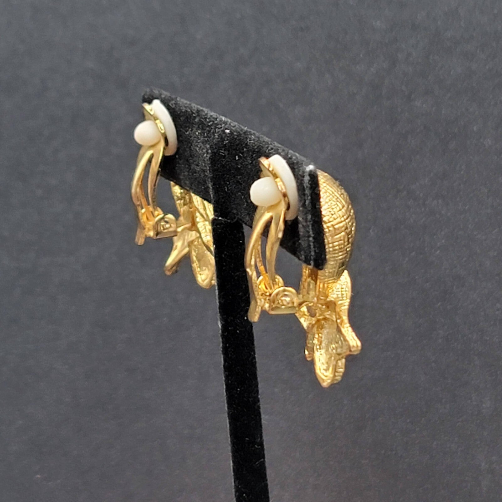 Vintage Clip on Earrings Gold Plated Textured Ribbon Style Drop 1.5"