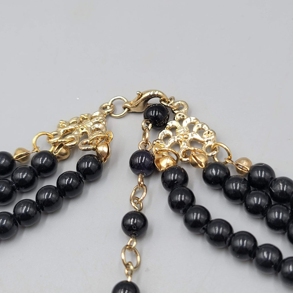 Black Bead Necklace Retro Style Triple Strand Collar Gold tone 16"-18"
