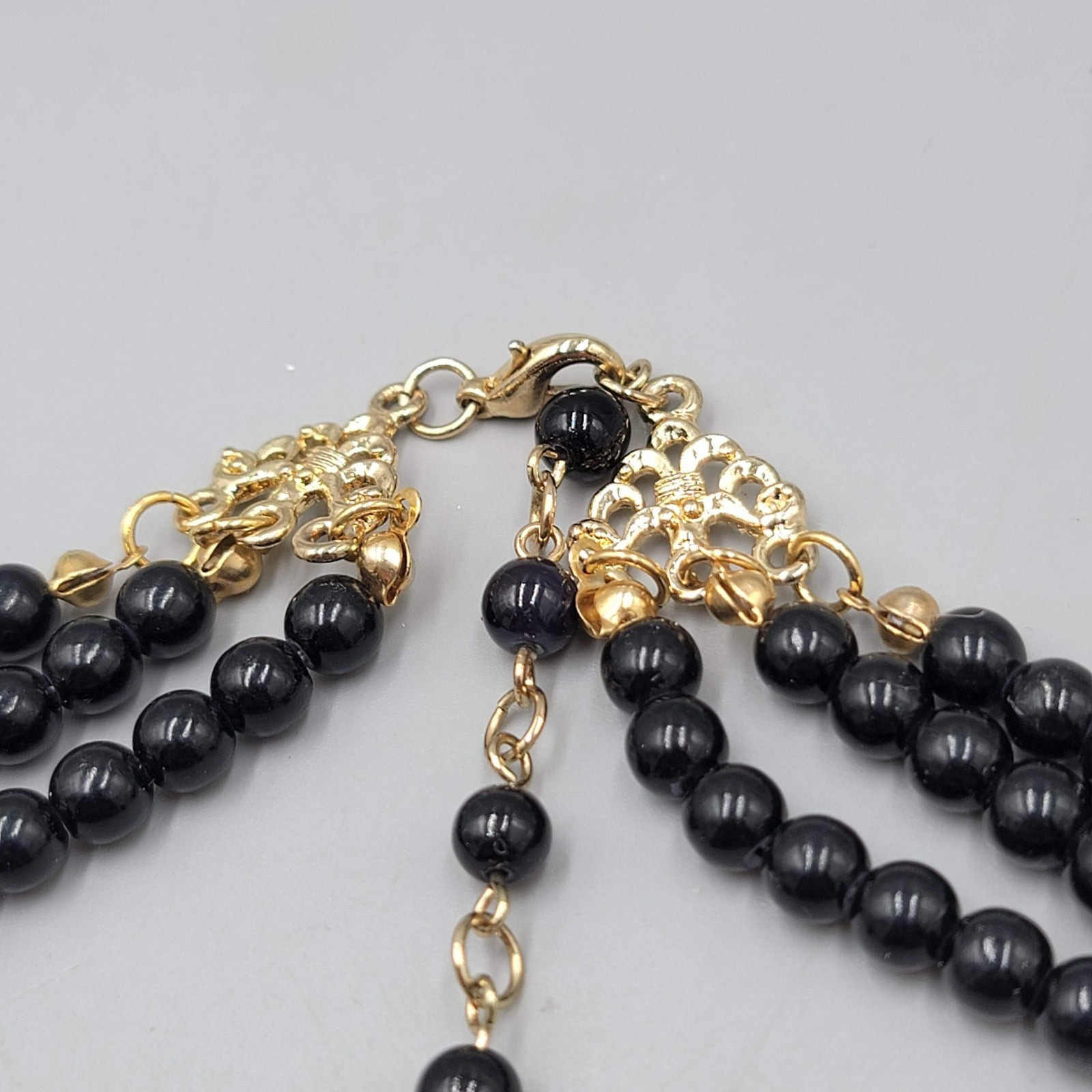 Black Bead Necklace Retro Style Triple Strand Collar Gold tone 16"-18"