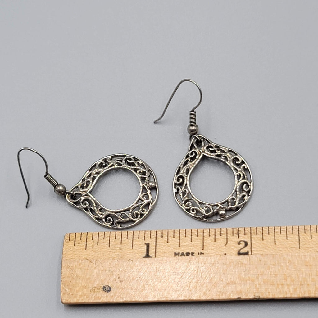 Vintage Pierced Earrings Silver tone Open Filigree Dangle 1"