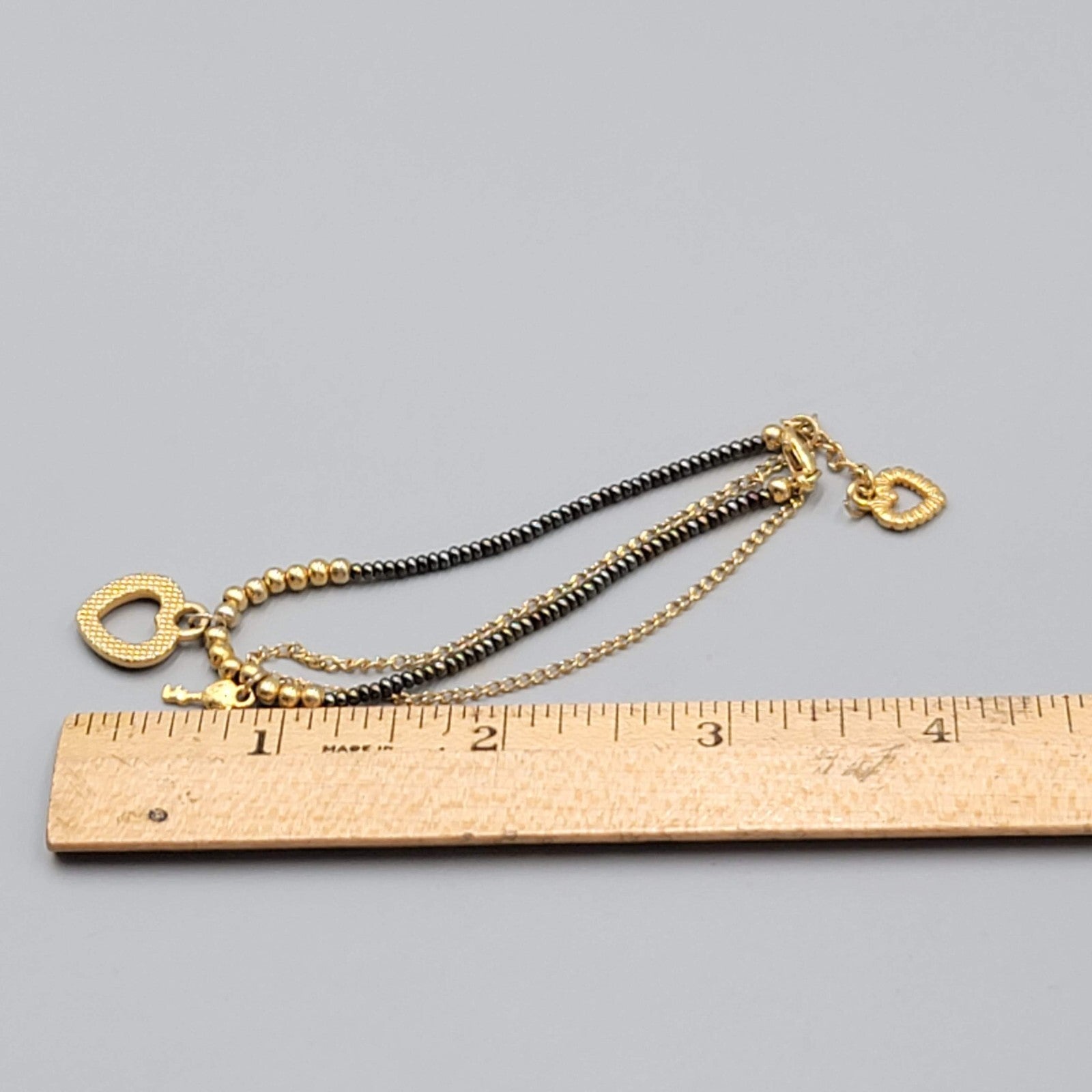 Dainty Heart Charm Bracelet Black and Gold tone Seed Beads Adjustable