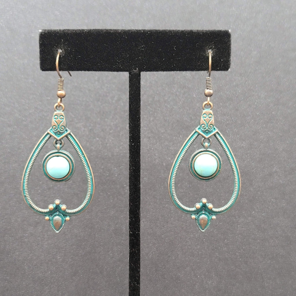 New Boho Pierced Earrings Copper tone Green Enamel Faux Turquoise Dangle 1.75"