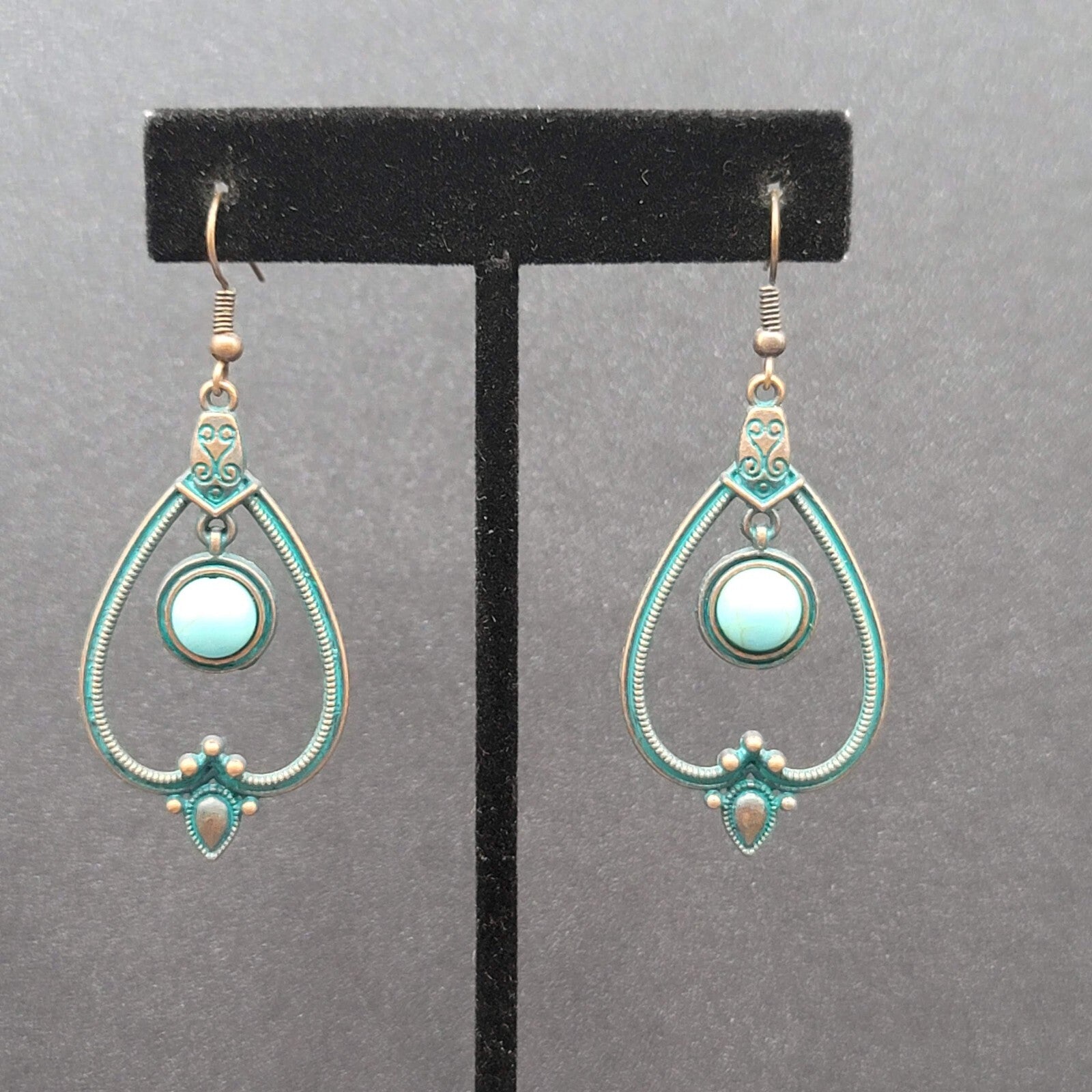 New Boho Pierced Earrings Copper tone Green Enamel Faux Turquoise Dangle 1.75"