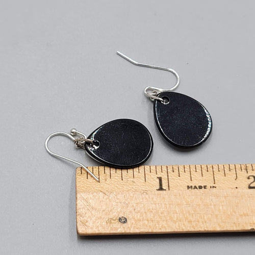 Black Teardrop Over Filigree Pierced Earrings Silver tone Dangle   3/4"
