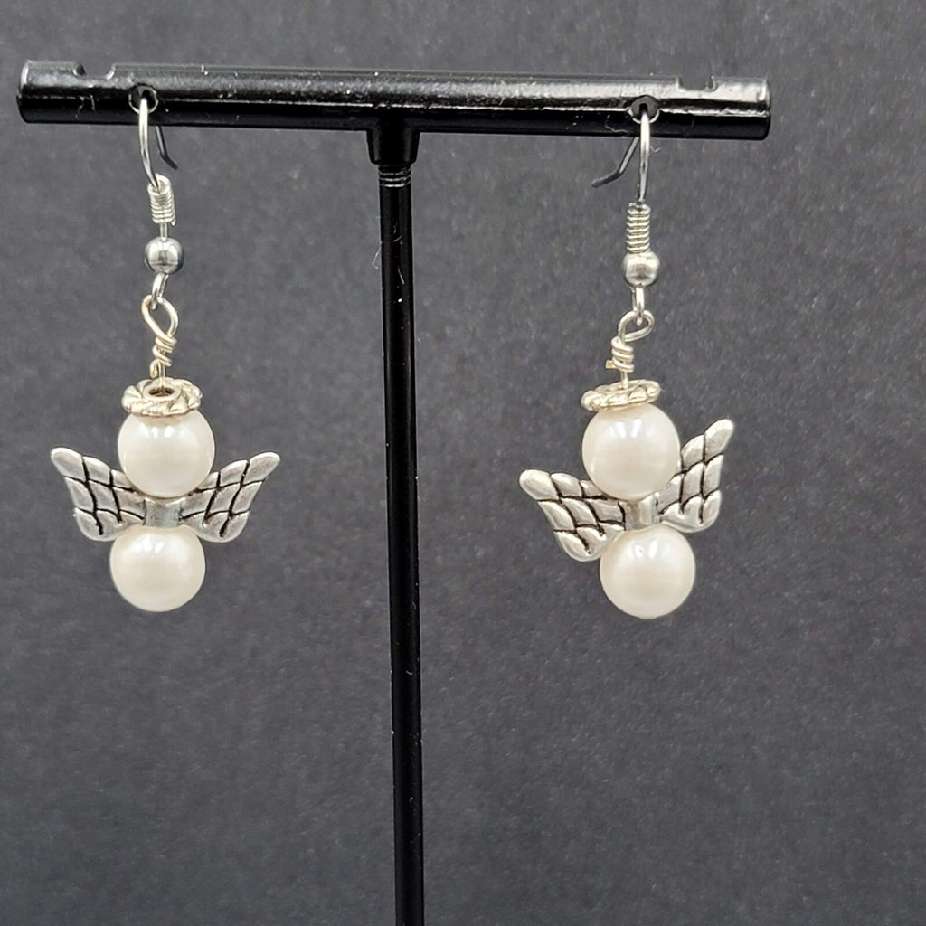 Angel Pierced Earrings Silver tone White Bead Dangle  1"