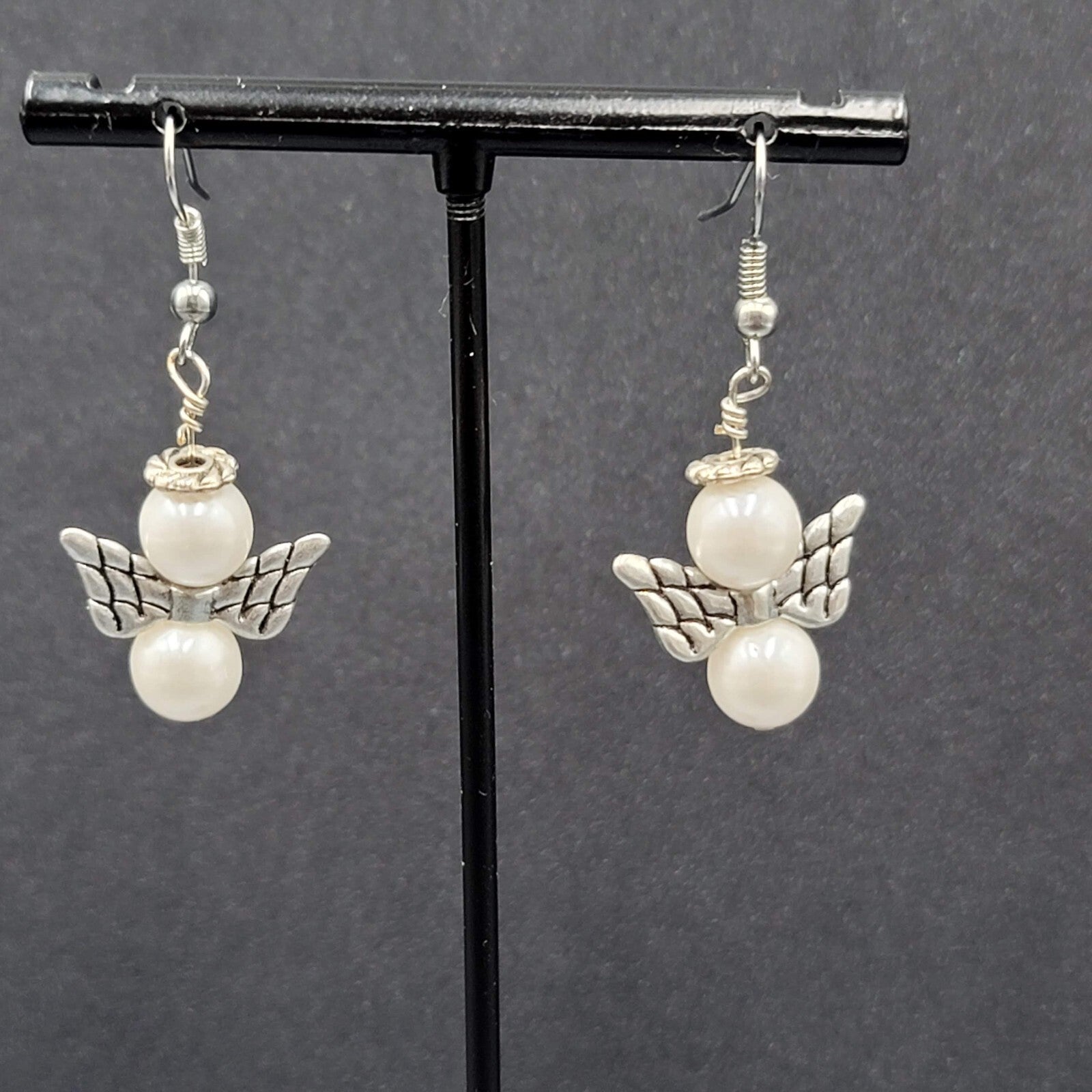 Angel Pierced Earrings Silver tone White Bead Dangle  1"