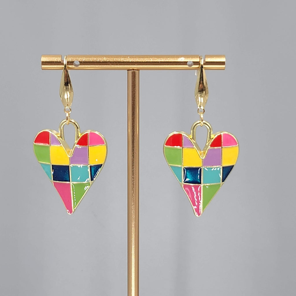 Multicolor Enamel Checkered Heart Pierced Earrings Gold tone Dangle Large 1.5"
