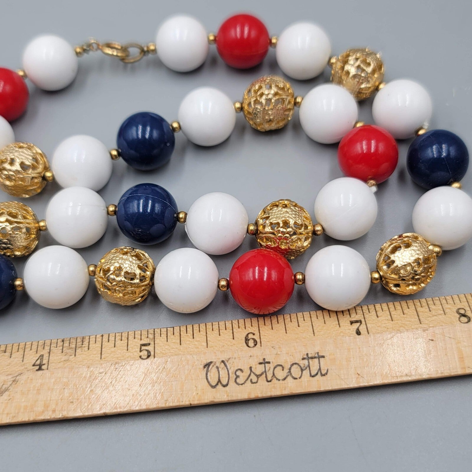 Vintage Necklace Red White Blue Gold tone Filigree Beads 30"