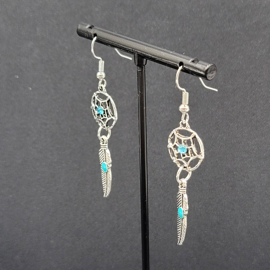 Dreamcatcher Pierced Earrings Silver tone Blue Rhinestone Enamel Feather  1 5/8"