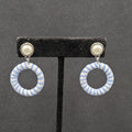 Vintage Pierced Earrings Silver tone Blue White Wrapped Hoop Dangle 1.5"