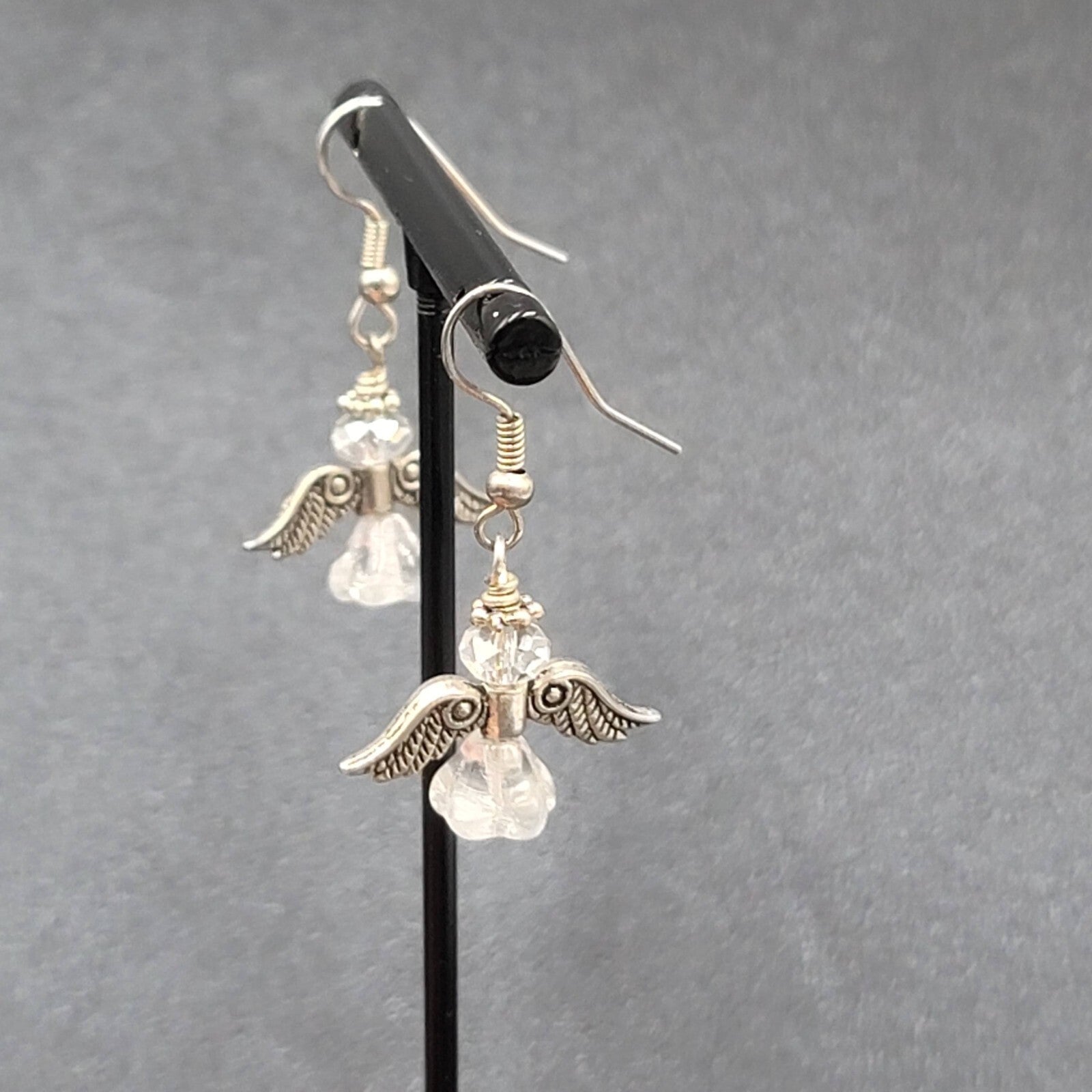 Angel Pierced Earrings Silver tone Glass Beaded Dangle 7/8"