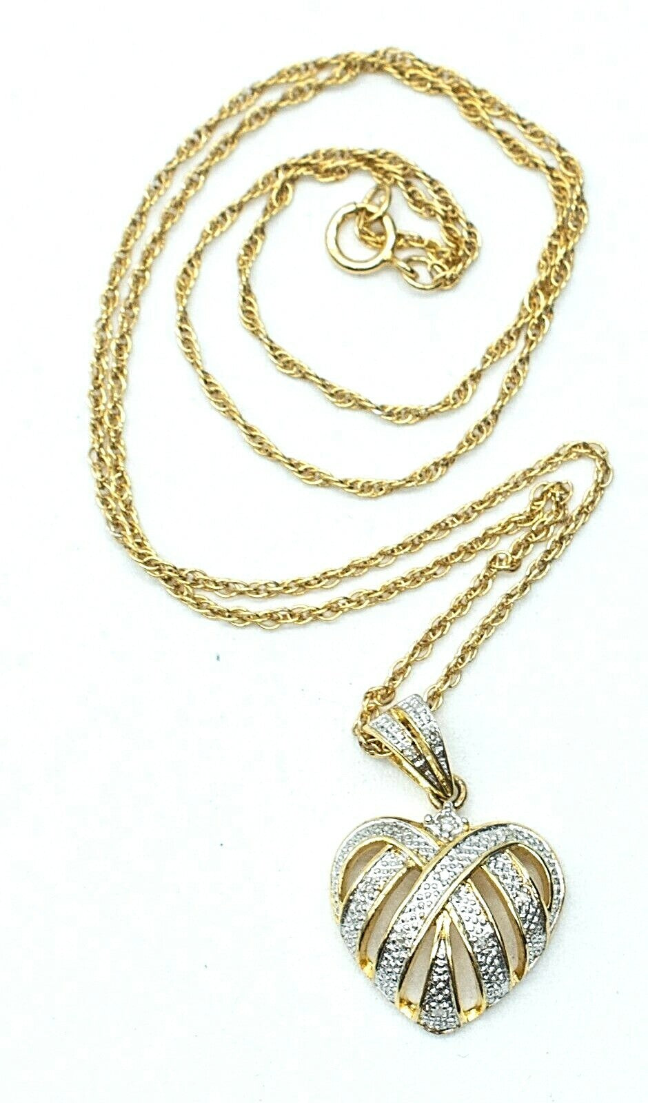 Gold Plated Sterling Silver Heart Pendant Diamond Chips Necklace Valentines 18"