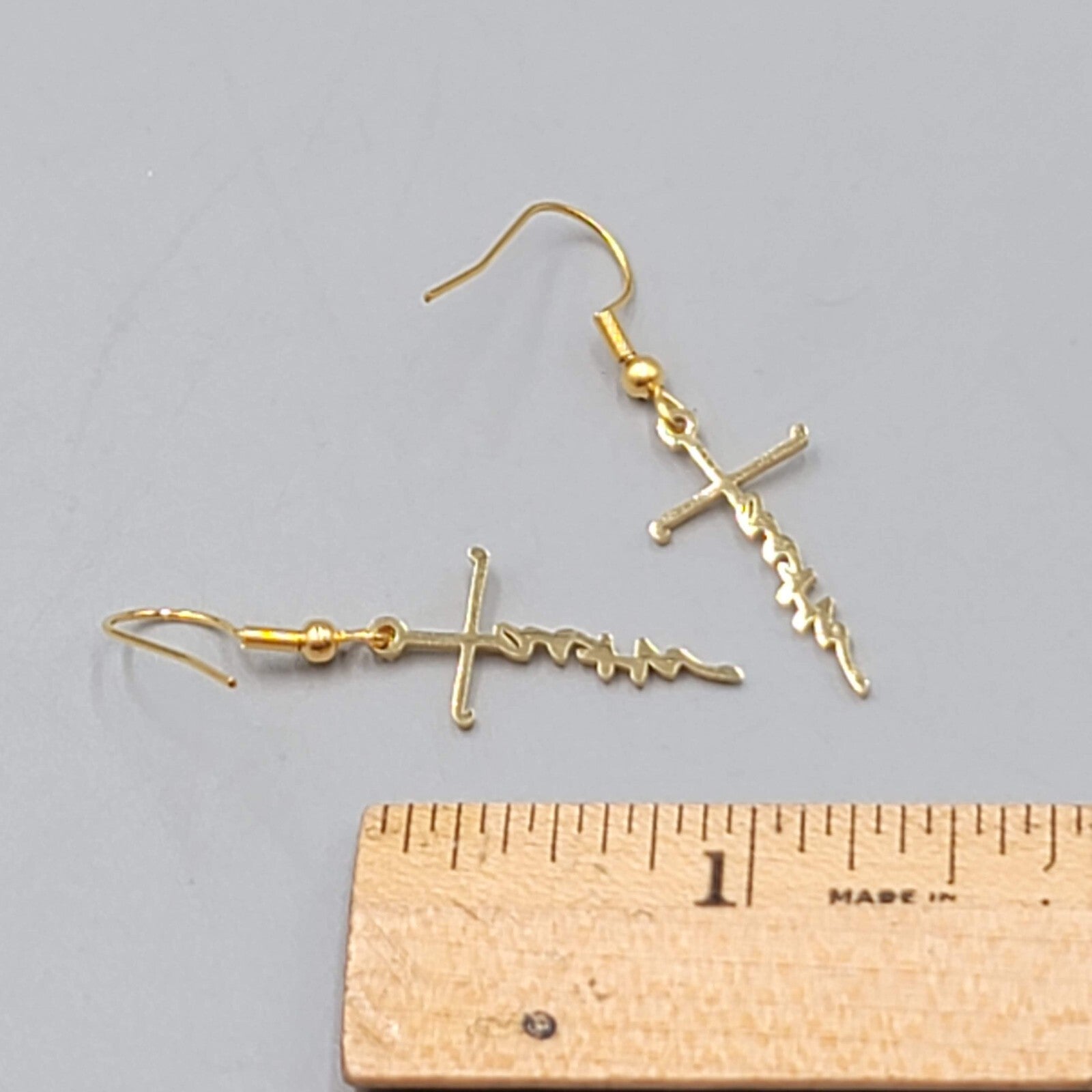 Faith Cross Pierced Earrings Gold tone Dangle 1"