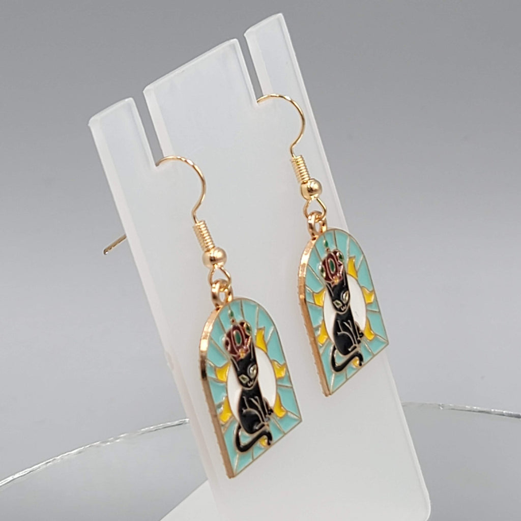 Kitty Cat in the Sun Enamel Pierced Earrings Gold tone Dangle 1 1/8"