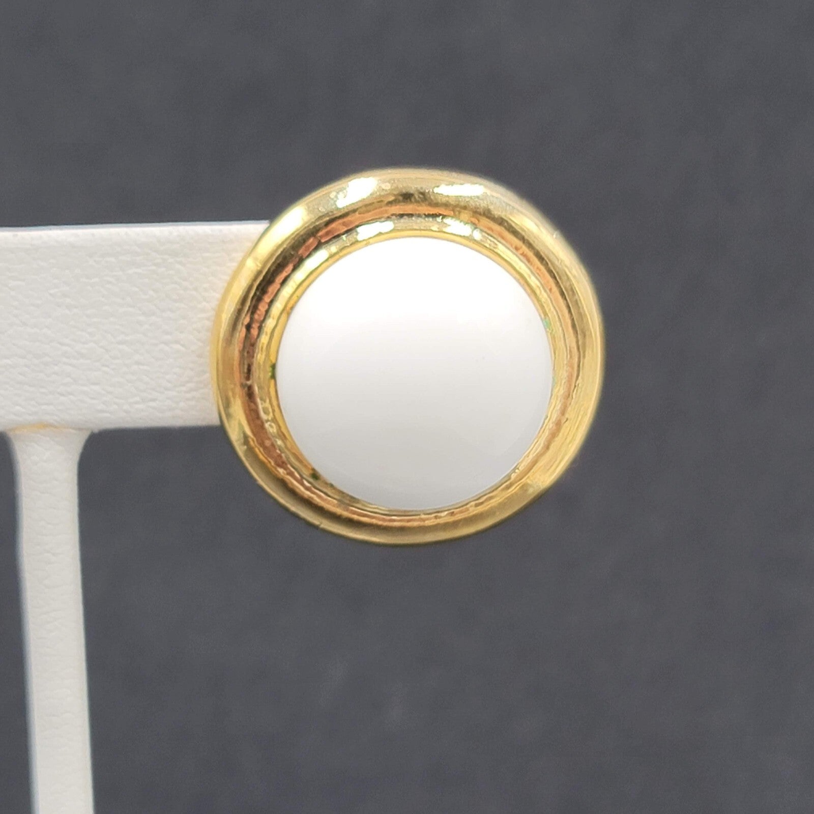 Vintage Clip on Earrings Gold tone White Acrylic Dome Drop Studs 1"