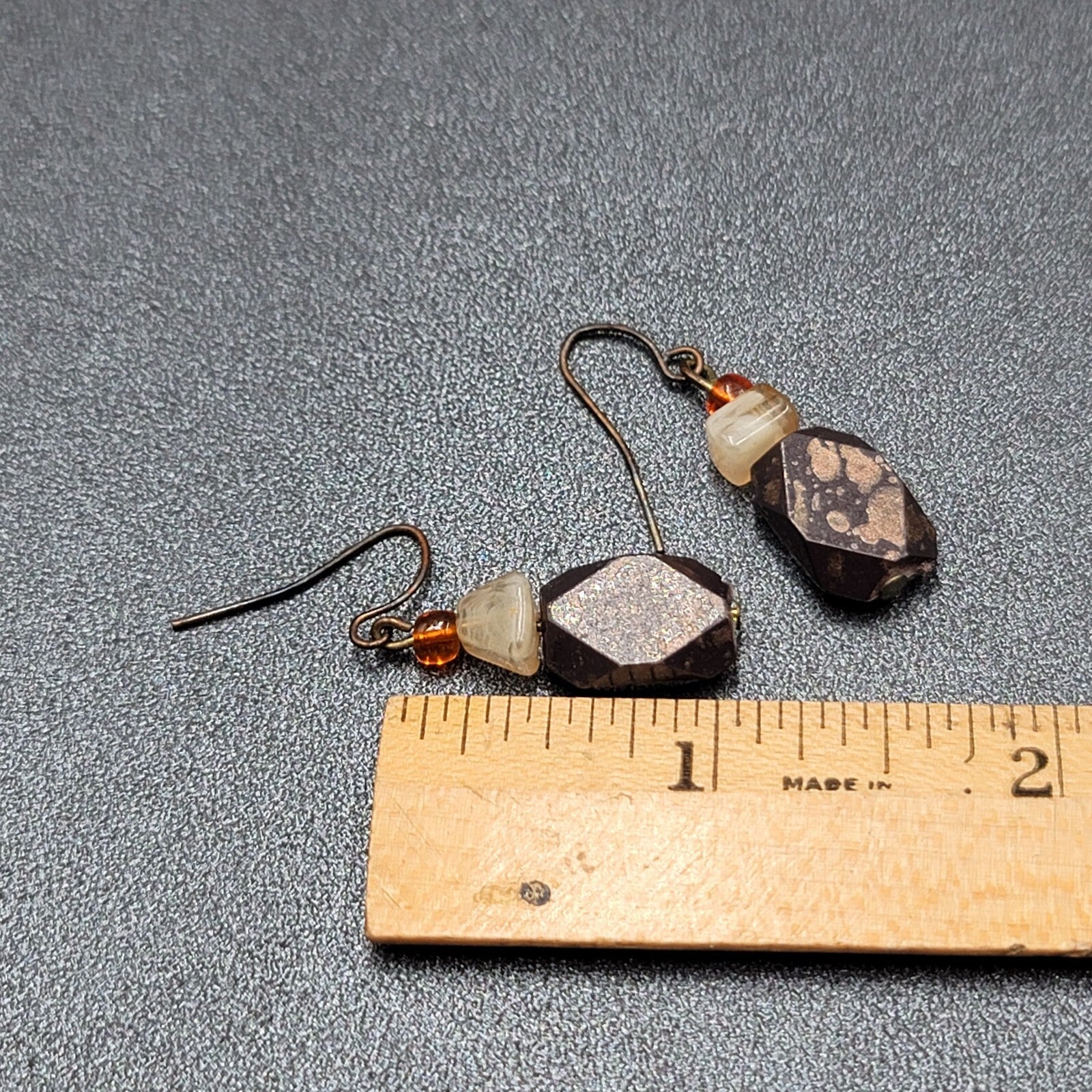 Pierced Earrings Bronze tone Acrylic Beads Natural Fall tones 1 1/8"