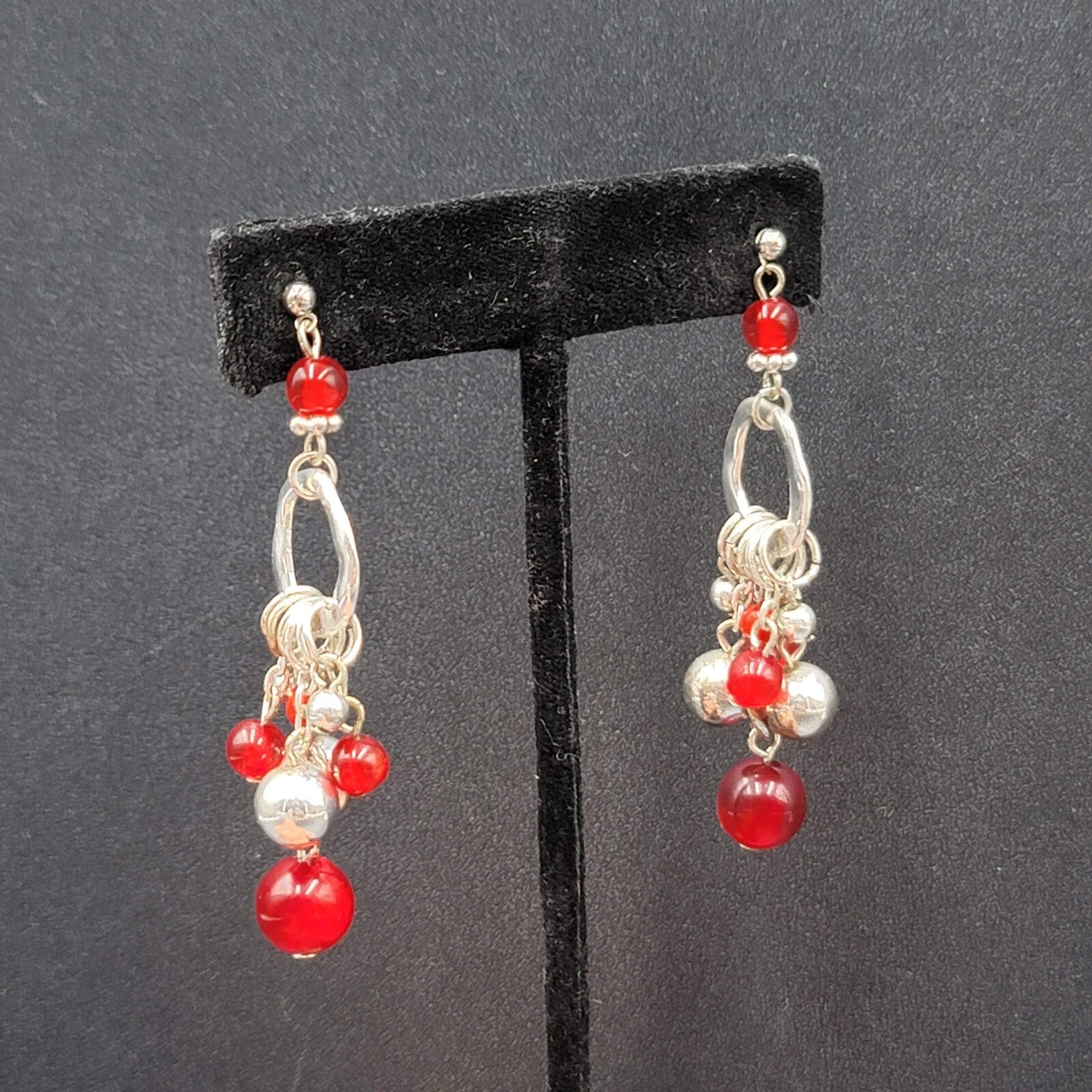 Pierced Earrings Silver tone Moonglow Red Beads Dangle 2.5"
