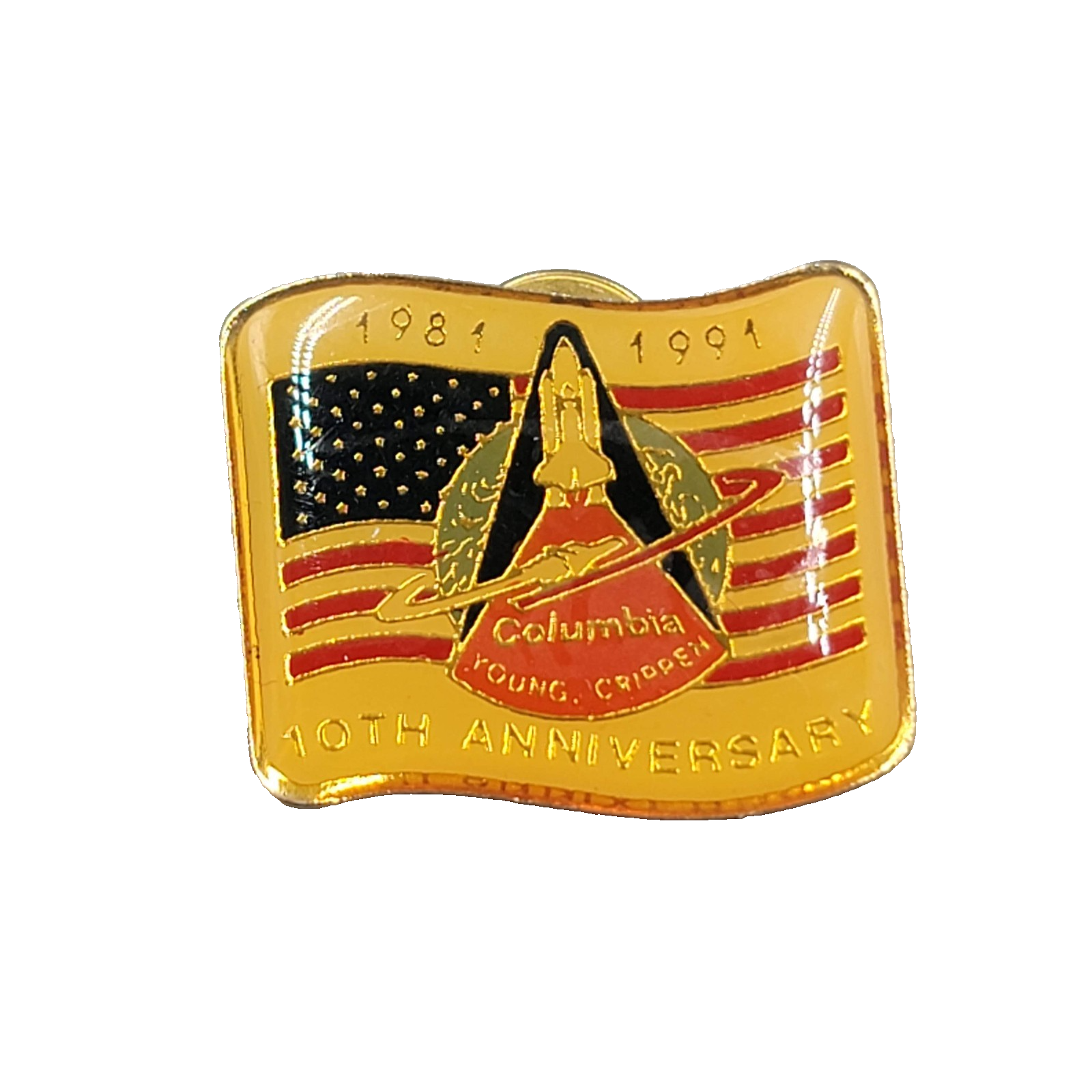 Vtg NASA 1991 Columbia Space Shuttle 10 Th Anniversary Gold Tone Lapel Pin