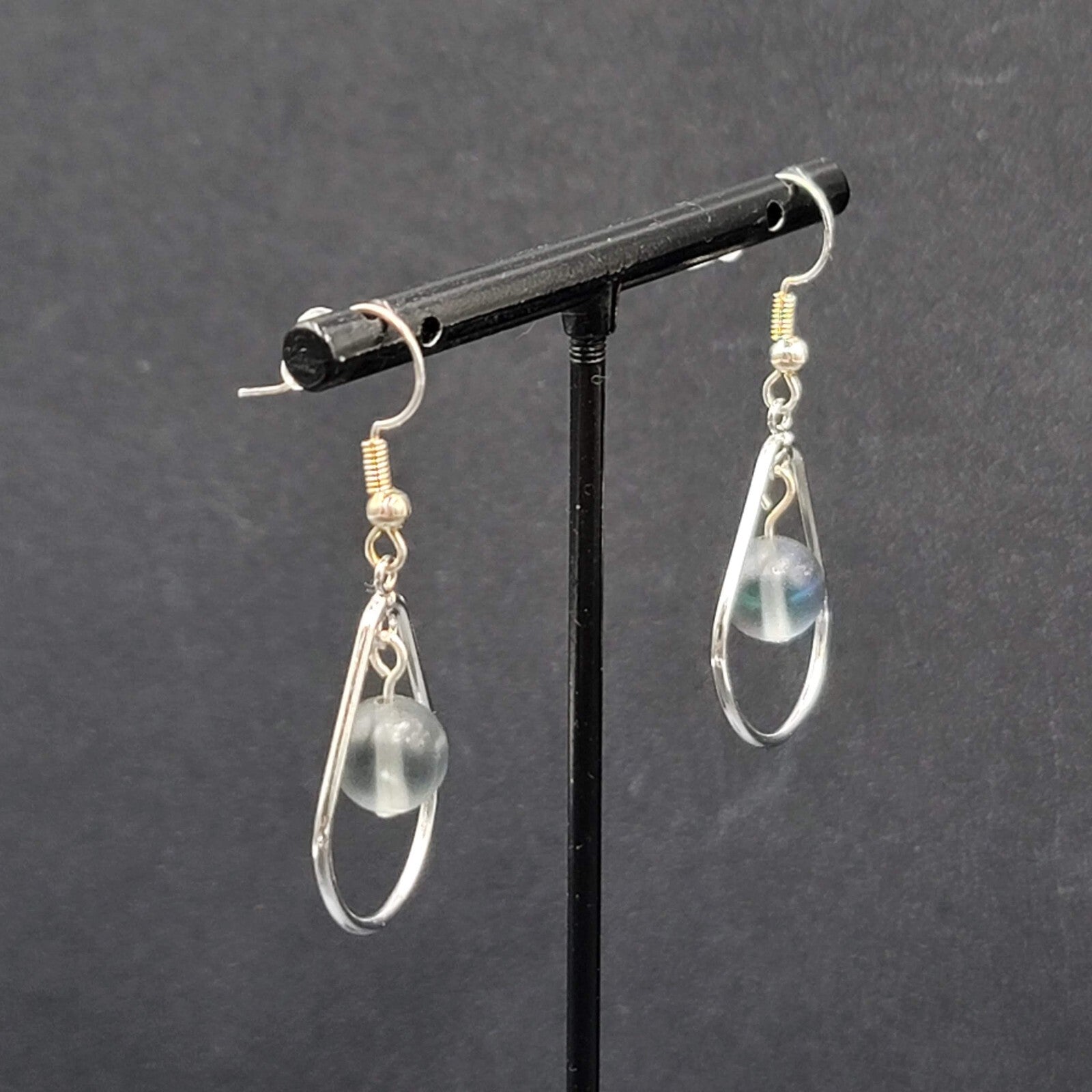 Pierced Earrings Silver tone Blue Gray Bead Teardrop Dangle 1 1/8"