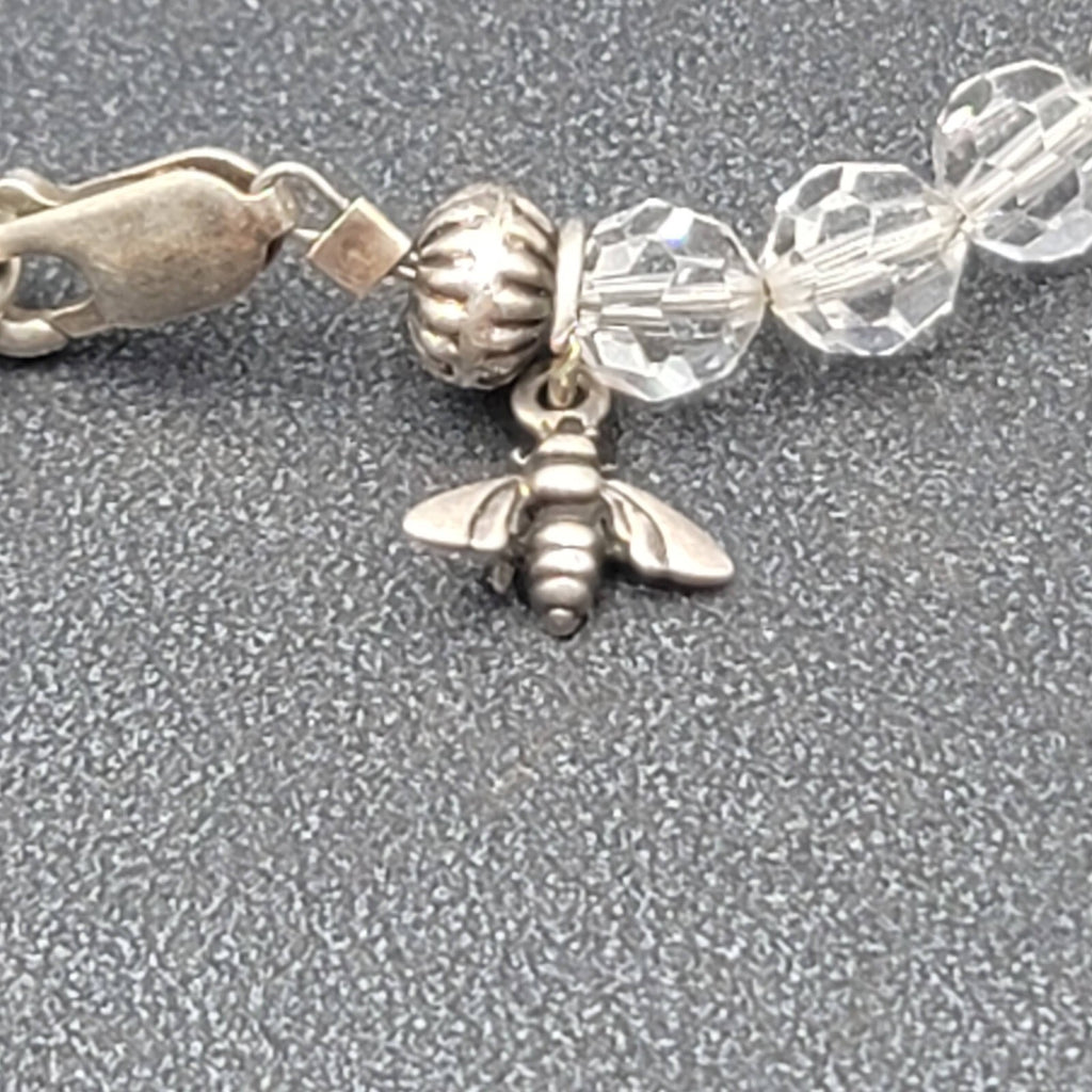Sterling Silver Crystal Bead Bracelet Bee Charm 6 3/4"