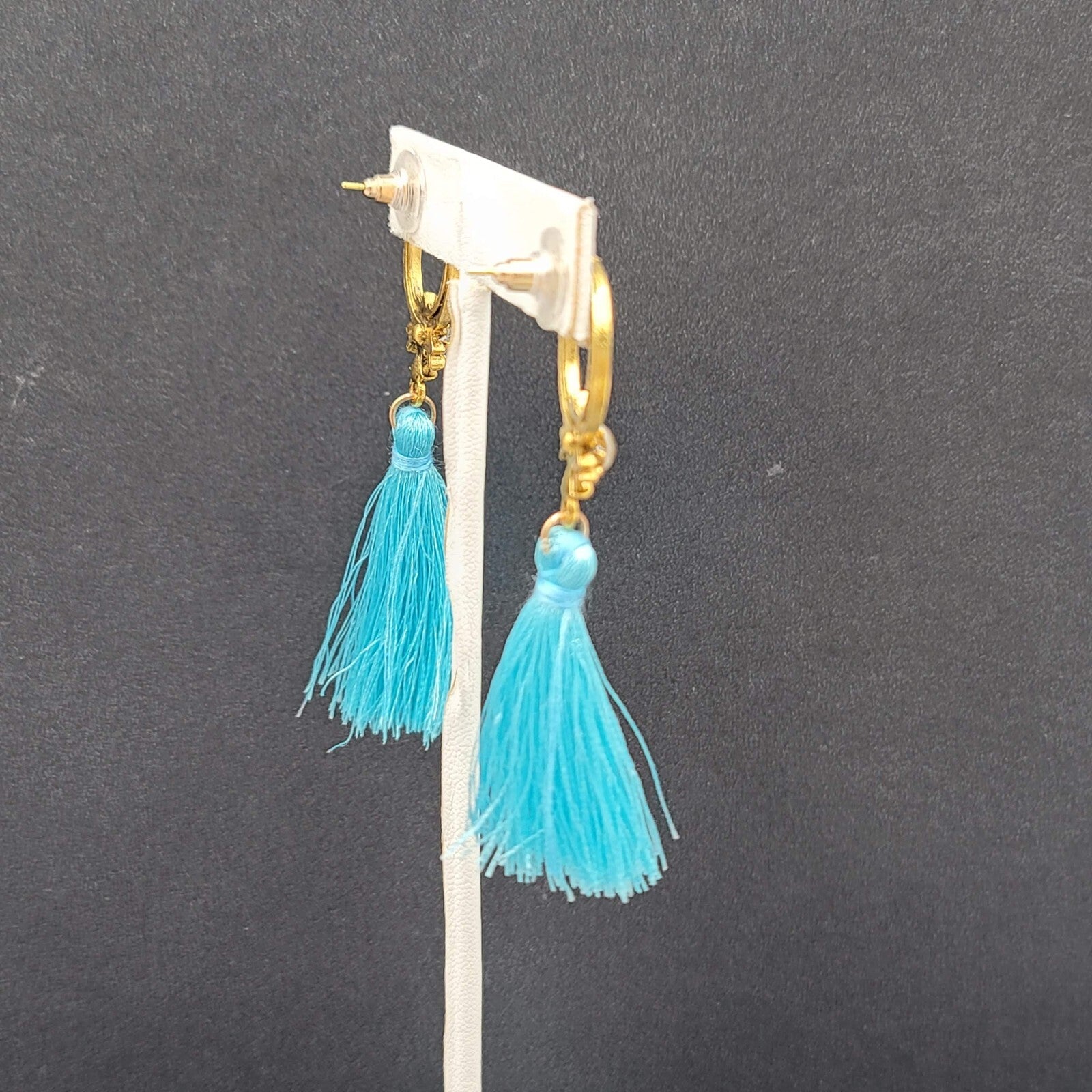 Pierced Earrings Gold tone Blue Tassel Rhinestone Statement Dangle 2.5"