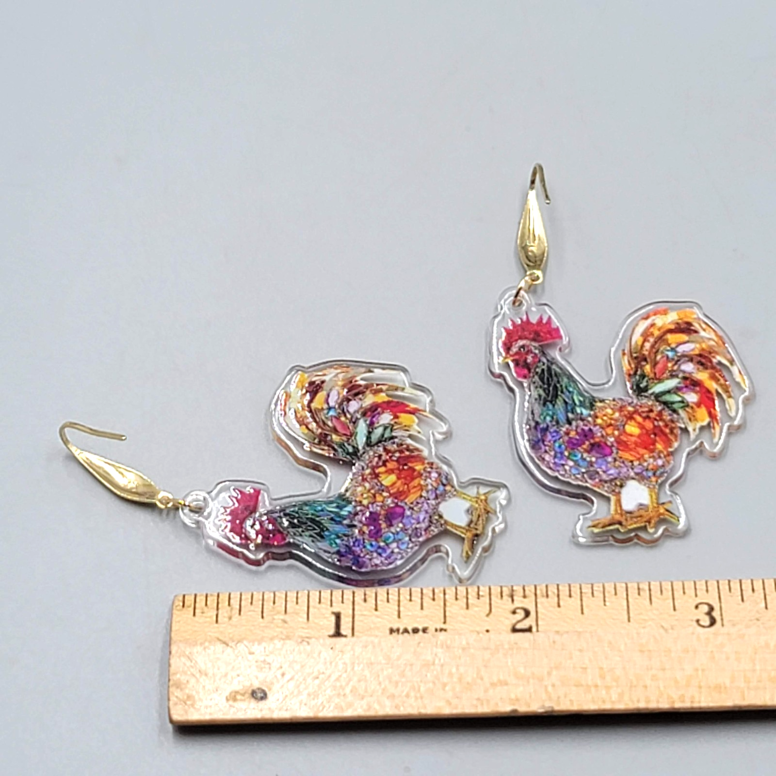 Multicolor Mosiac Rosster Pierced Earrings Acrylic Dangle Gold tone Hook 1.75"