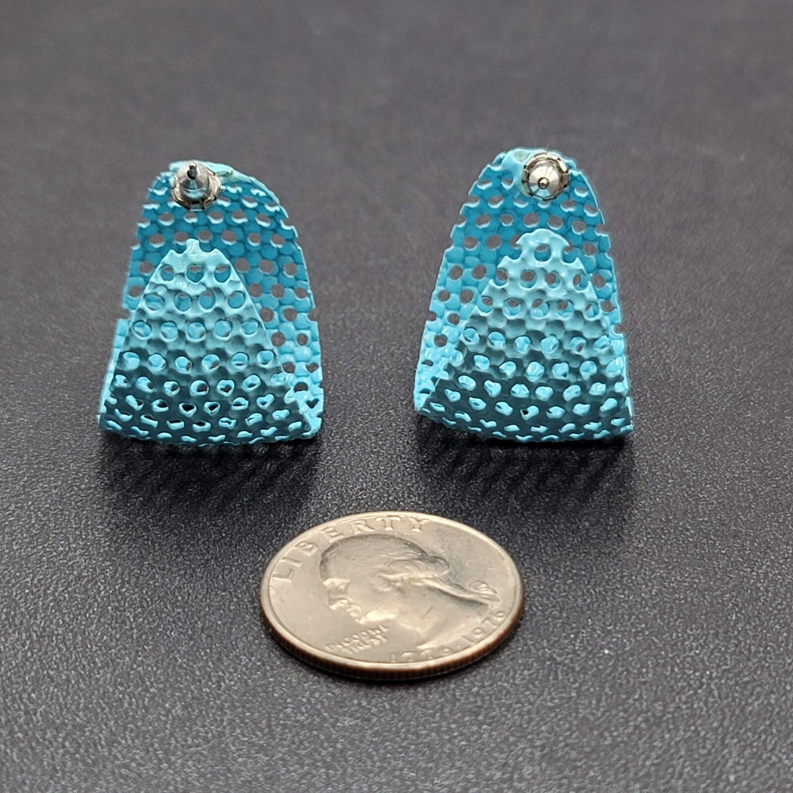Vintage Pierced Earrings Blue Enamel Mesh Open Work Wide Hoops 1 1/8"