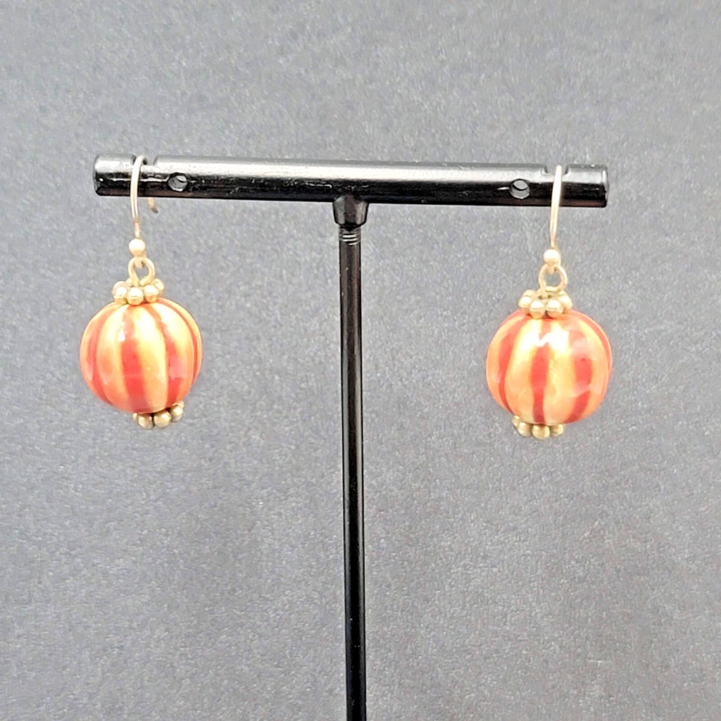 Pierced Earrings Gold tone Hand Painted Pottery Bead Dangle 3/4"