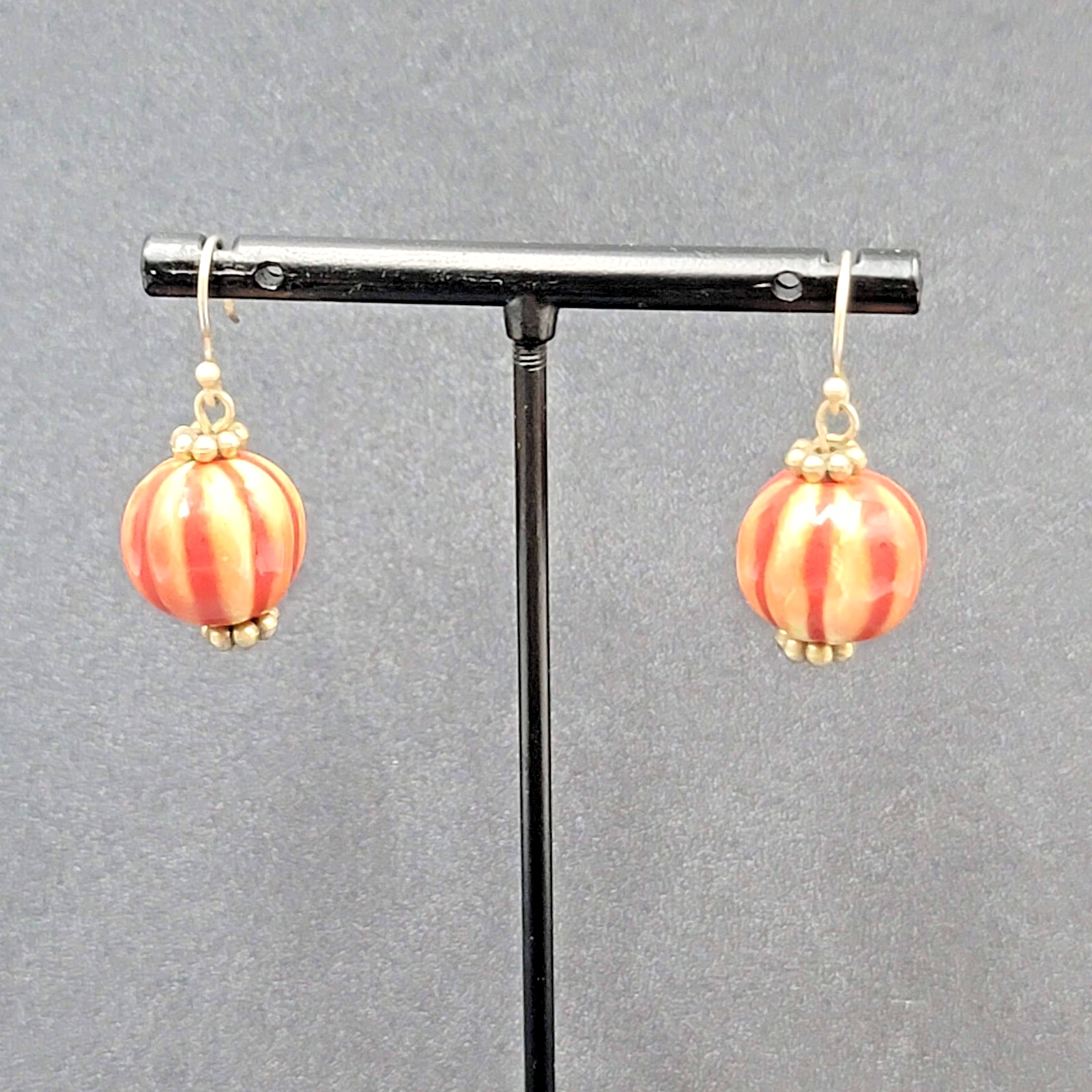 Pierced Earrings Gold tone Hand Painted Pottery Bead Dangle 3/4"