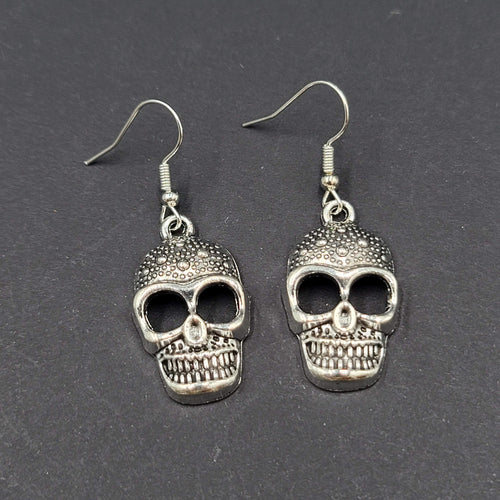 Embossed Skull Silver tone Dangle  Pierced Earrings New Halloween 1 1/8"