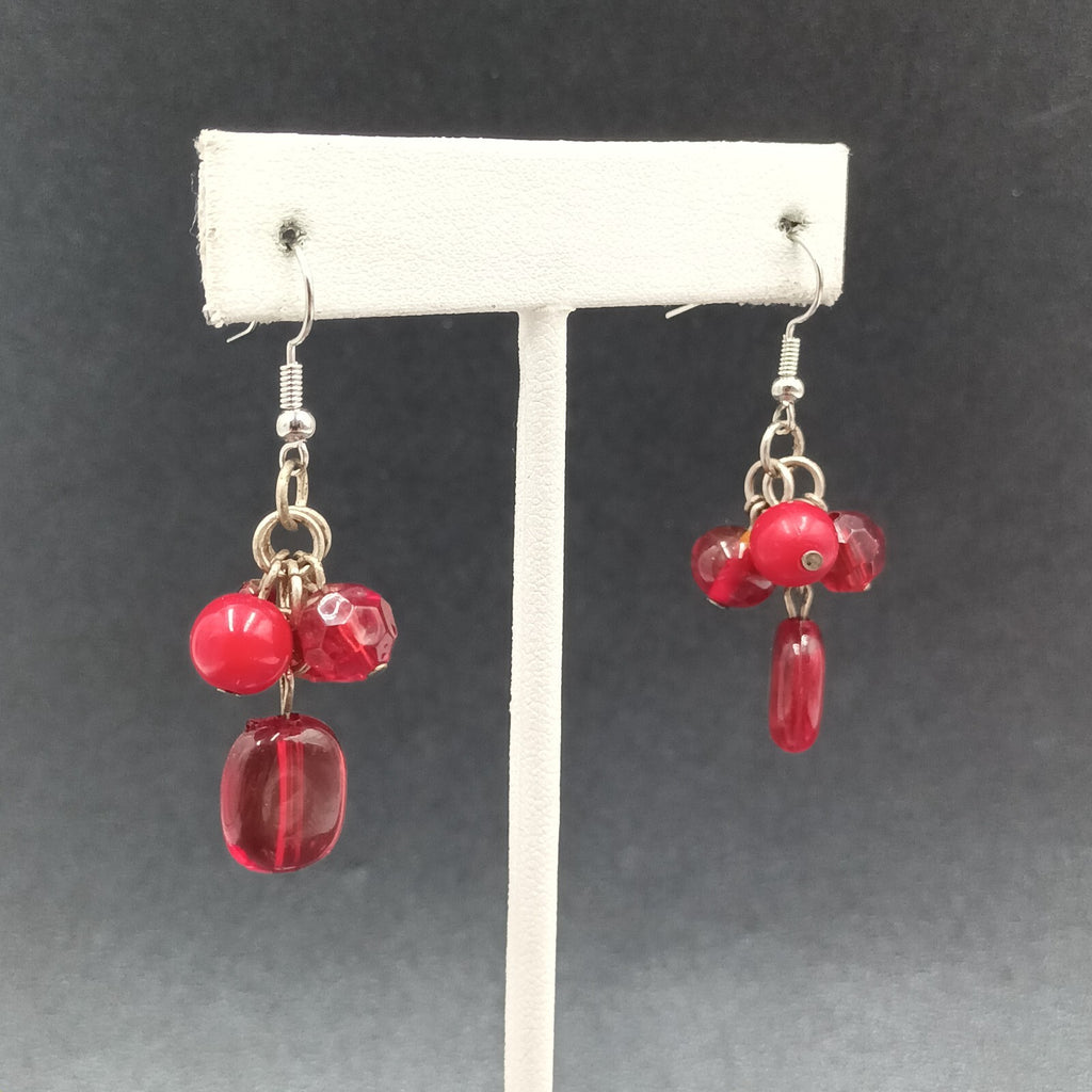 Pierced Earrings Red Acrylic Bead Cluster Silver tone Hook Dangle 1 3/8"