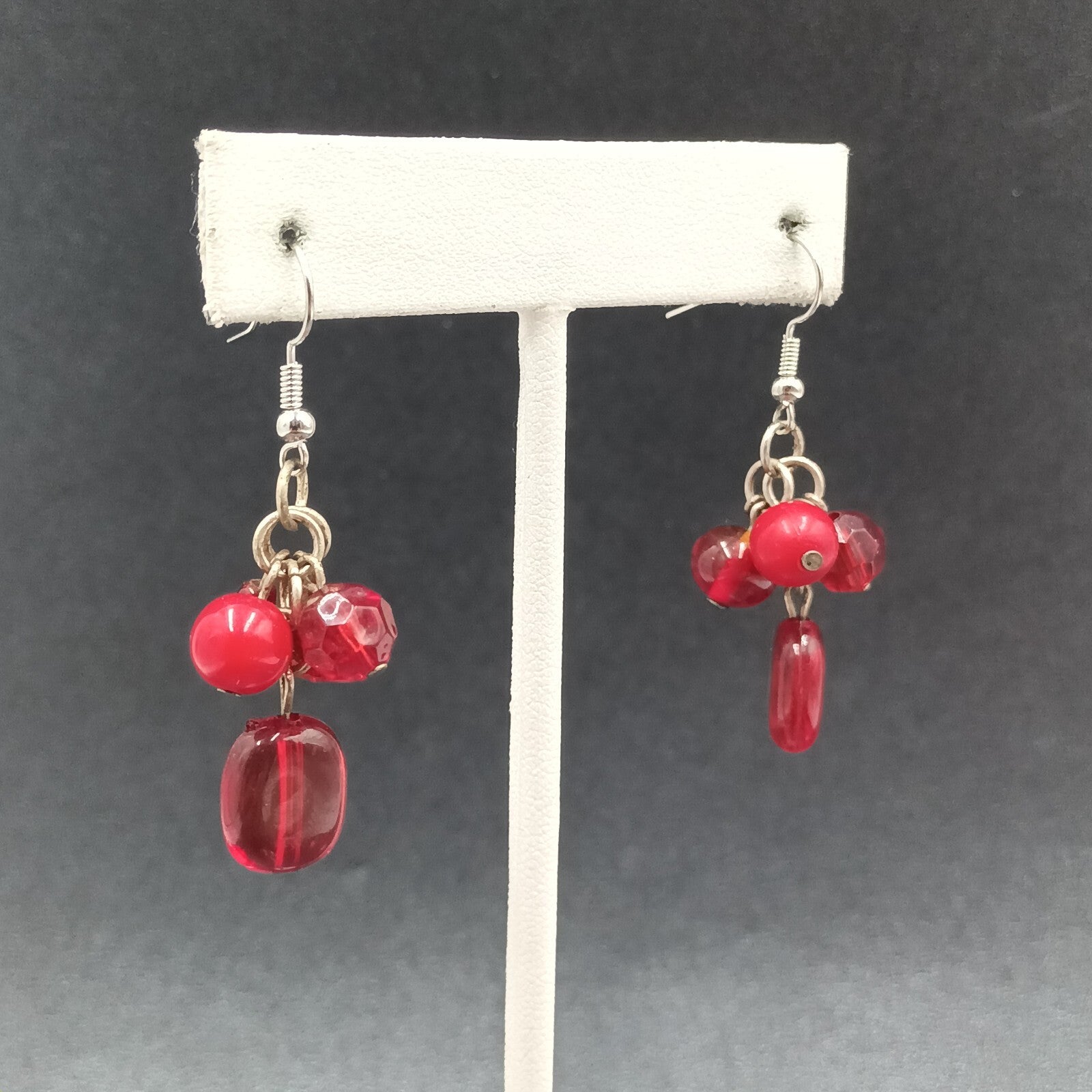 Pierced Earrings Red Acrylic Bead Cluster Silver tone Hook Dangle 1 3/8"