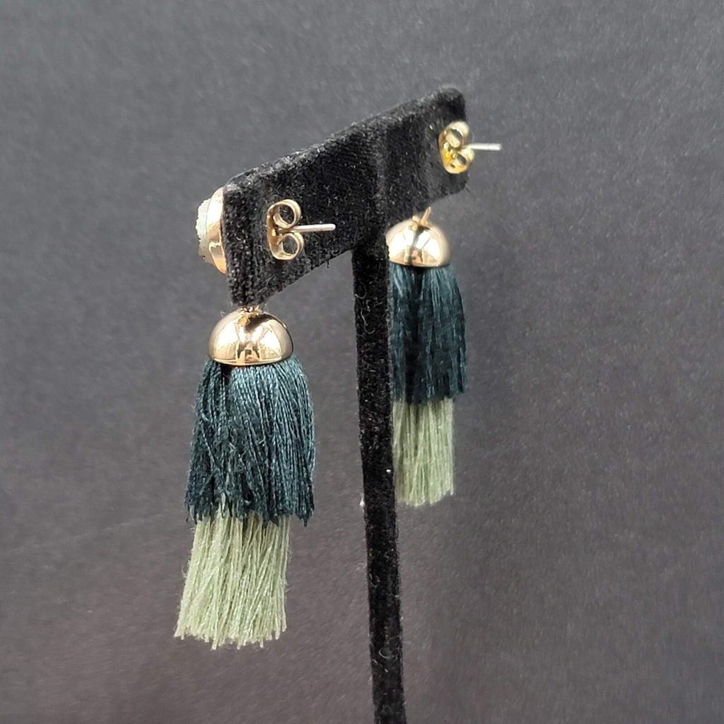 Pierced Earrings Gold tone Green Tassel Faux Druzy Dangle 2.25"